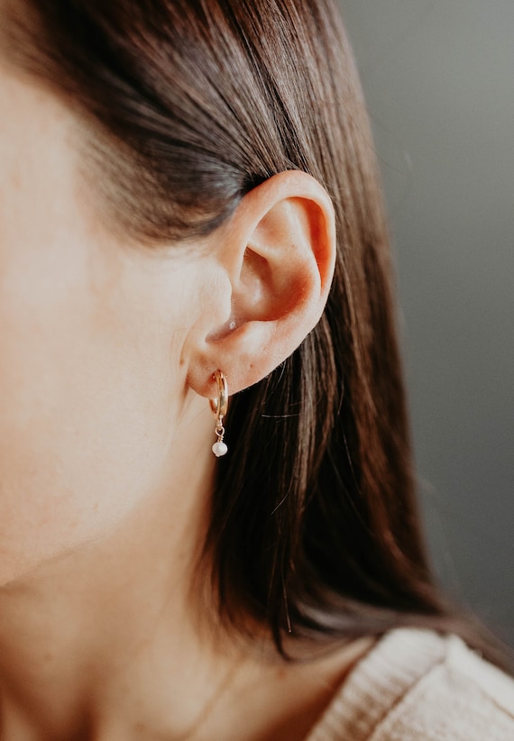 Pearl Huggie Earrings Pearl hoop earrings small hoop earrings gold filled Etsy