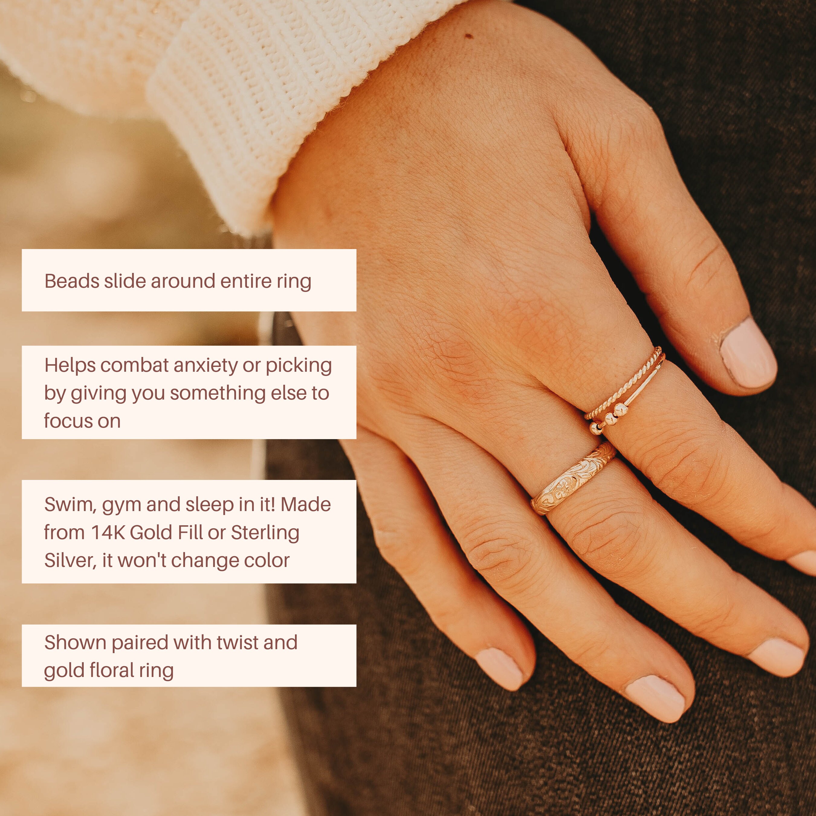 Fidget Anxiety Bead Ring Set Fidget Ring Worry Ring Womens Spinner Rings Stacking Rings Stackable Rings