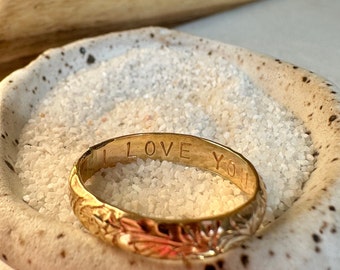 Hand Stamped Gold Floral Ring, Thick Gold Filled Ring