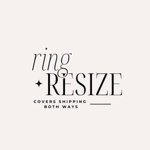 May include: A graphic with the words "ring & RESIZE" in a stylish font, with a small star graphic. Below, the text reads "COVERS SHIPPING BOTH WAYS" on a light beige background.