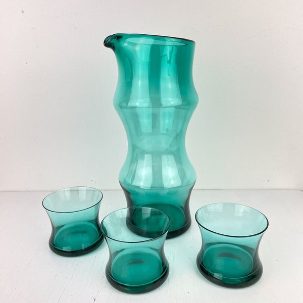 Carafe en verre, pichet, vintage, MCM scandinave, verre d'art, 3 verres