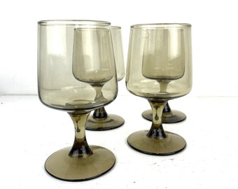 Wine Glasses, Smoky Grey Vintage 1970s Wine Glasses 11 oz Tawny Retro Set of 4 Barware Minimal