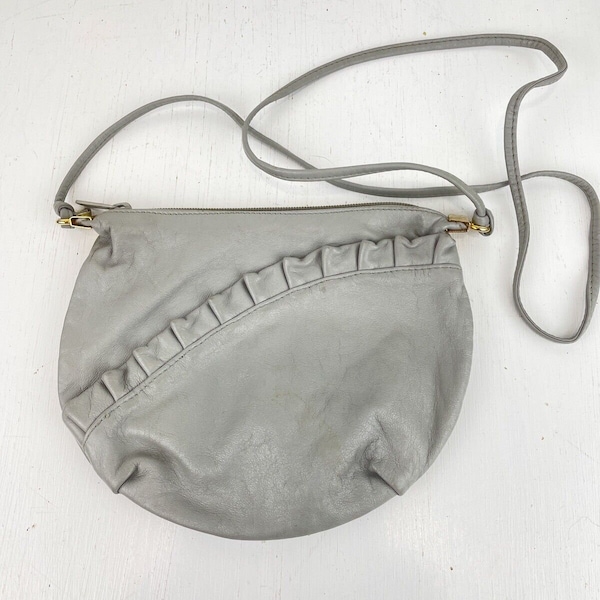 Vintage Grey Purse Asymmetric Ruffle 1980s Shoulder Strap Leather Small Feminine