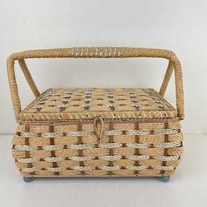 Sewing Basket, Vintage, Woven Handle Retro Pin Cushion Lid Music Box Storage Box
