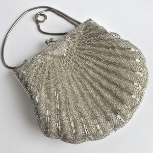 Vintage Silver Beaded Evening Bag Seashell Shape Chain Flapper Style