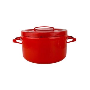 May include: A bright red enamel pot with two handles and a lid. The pot is made of metal and has a smooth, glossy finish.