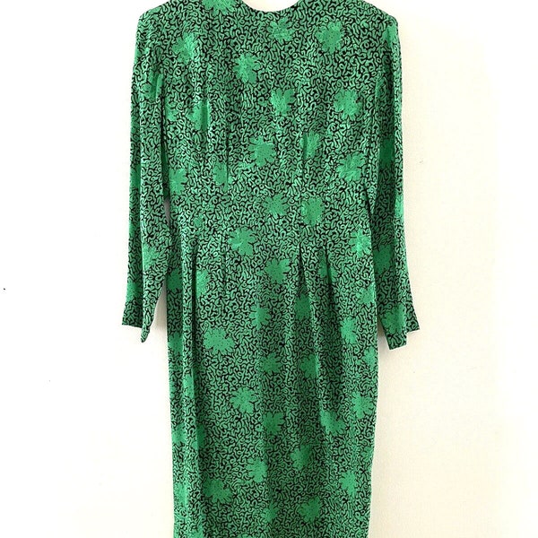 Vintage Dress Silk Lined Green Black Floral Size 10 1980s Bow Sleeve Below Knee