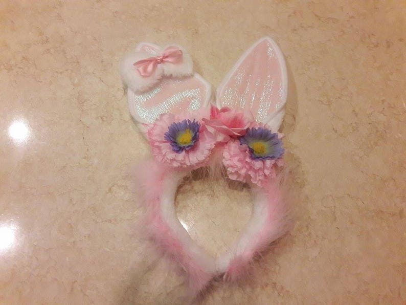 White /& Pink Faux Fur Bunny Ears Hairband