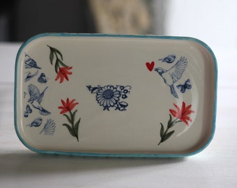 Hand-Painted Ceramic Serving Tray with Bird and Floral Motifs