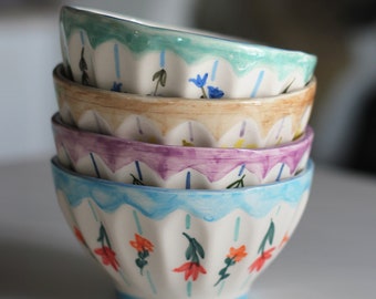 Floral Ceramic Bowl Set - Medium Size - Set of 4 Bowls - Hand-Painted by Summer of Flowers