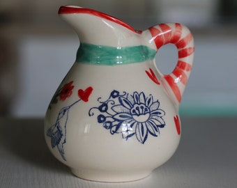 Hand-painted Mini Ceramic Pitcher with Floral Motifs and Birds - Charming Home Decor Accent