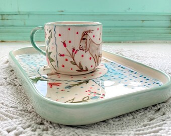 Handmade Ceramic Coffee Cup with Matching Serving Tray Set