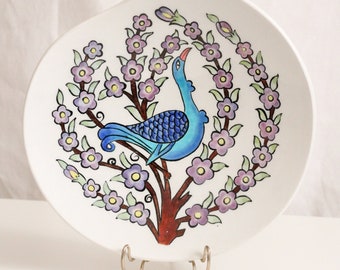 Blue Wall Hanging Decor, Floral Peacock Painting Ceramic Plate, Housewarming Gift