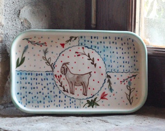 Hand-Painted Ceramic Goat Serving Tray