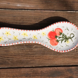 Ceramic Spoon Rest with Tomatoes and Lemons, Handmade Spoon Holder, Vintage Handmade Spoon Rest, Cottagecore Decor, Farmhouse Decor, Floral