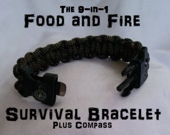 Food and Fire Survival Bracelet 2 Plus Compass; 9-in-1 survival kit