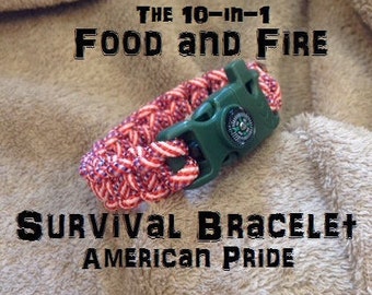 Food and Fire Survival Bracelet 4 American Pride; 10-in-1 survival kit; flint firestarter, whistle, compass, glowing paracord bracelet