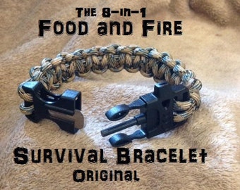 Food and Fire Survival Bracelet 1 Original; 8-in-1 survival kit; flint firestarter, whistle paracord bracelet