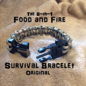 Food and Fire Survival Bracelet 1 Original 8-in-1 survival kit flint firestarter, whistle paracord bracelet image 1