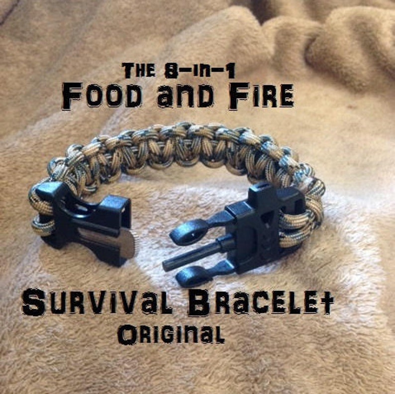 Food and Fire Survival Bracelet 1 Original 8-in-1 survival kit flint firestarter, whistle paracord bracelet image 1