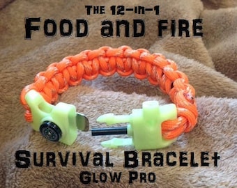 Food and Fire Survival Bracelet 3 Glow Pro; 12-in-1 survival kit; flint firestarter, whistle, compass glow-in-the-dark paracord bracelet