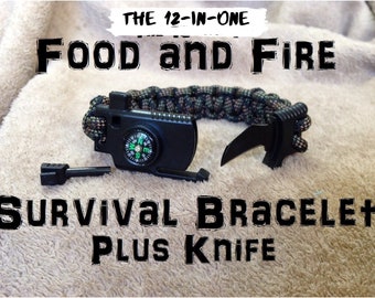 NEW UPDATE! Food and Fire Survival Bracelet 5 Plus Knife; 12-in-1 survival kit;flint firestarter, compass, whistle, knife paracord bracelet