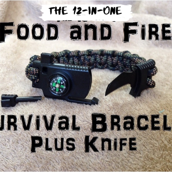 NEW UPDATE! Food and Fire Survival Bracelet 5 Plus Knife; 12-in-1 survival kit;flint firestarter, compass, whistle, knife paracord bracelet