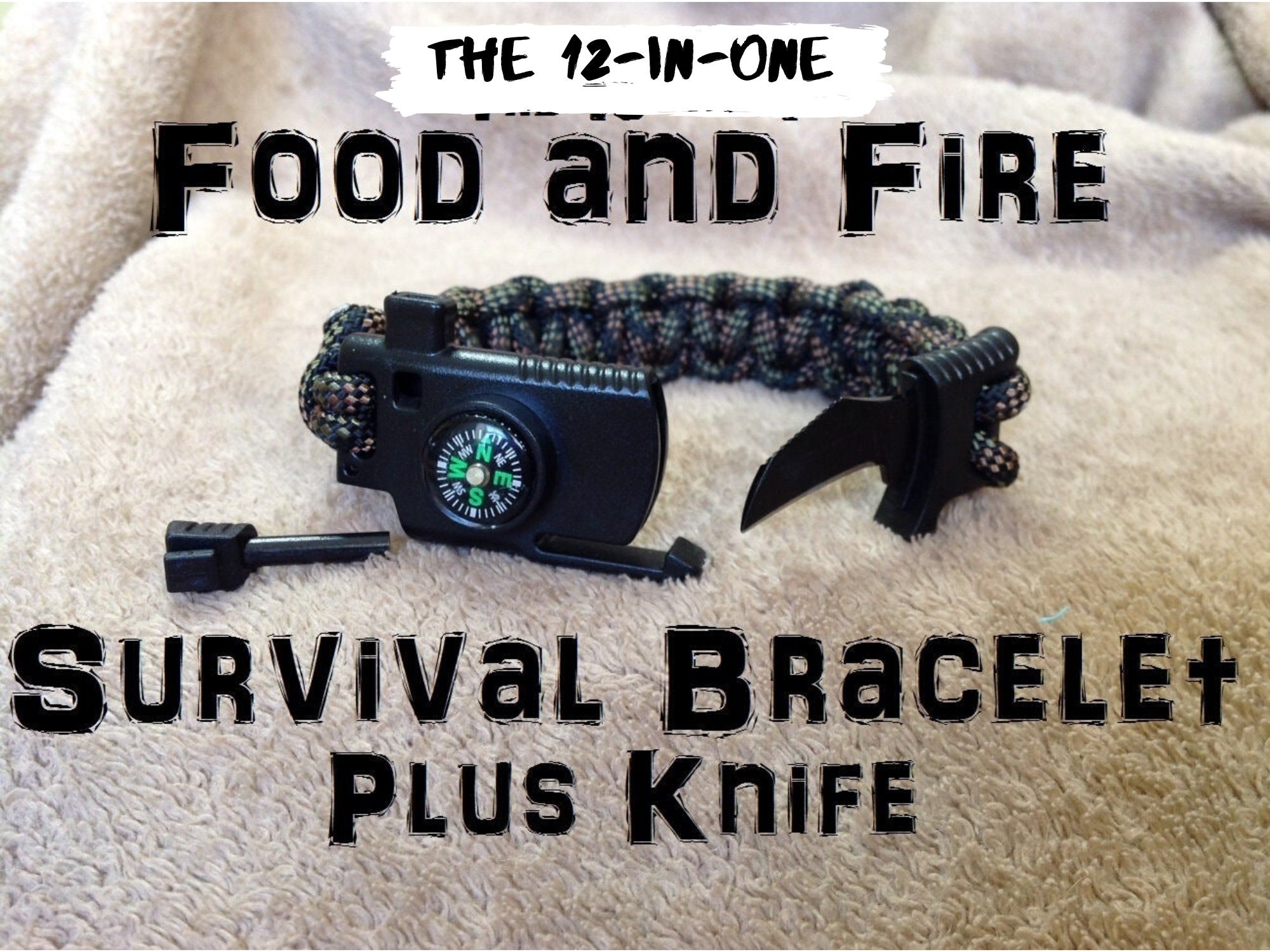 4 Tool Survival Paracord Bracelet, Knife, Flint, Whistle, & Rope
