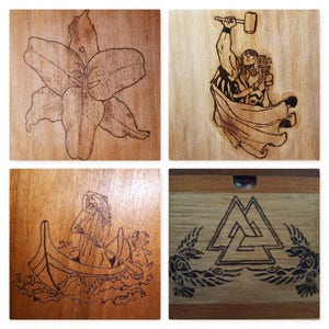 Pyrographed Upcycled Wood Cigar Box, One Image each on Front, Left side, and Right Side image 5
