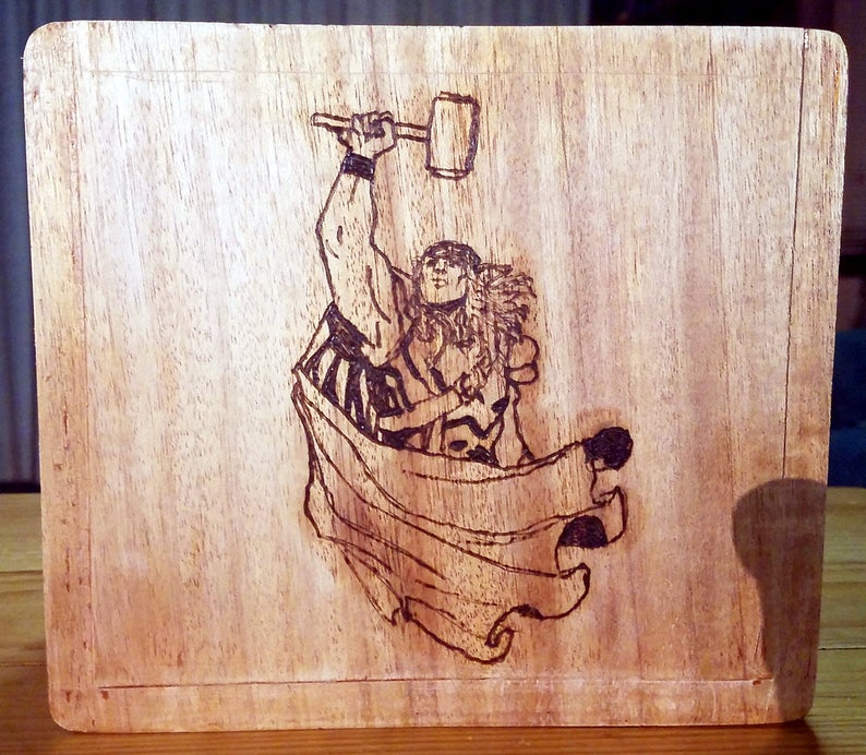 Pyrographed Upcycled Wood Cigar Box, One Image each on Front, Left side, and Right Side image 1