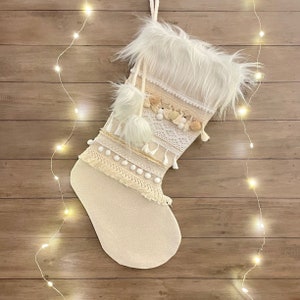 Boho Macrame Christmas Stocking, Burlap Neutral Cream Beige Gold Macrame Bohemian Stocking,  Christmas Decorations | BlushStitchStudio
