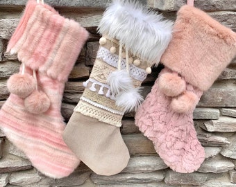 Pink Christmas Stocking | Faux Fur Christmas Stocking | Pink Christmas Decorations | Boho Christmas Stocking | BlushStitchStudio