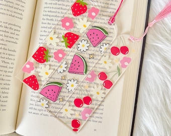 Strawberry Clear Acrylic Bookmark. Floral Cherry and Watermelon Pink Fruit Bookmark