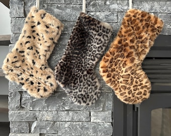 Leopard Christmas Stocking | Faux Fur Stockings | Cheetah Print Beige Christmas Decorations | BlushStitchStudio