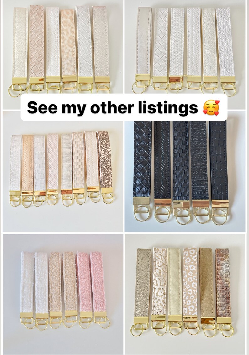 May include: Assortment of keychains with different patterns and colors, including white, beige, black, and pink. The keychains are made of leather and have gold-colored key rings. See my other listings.