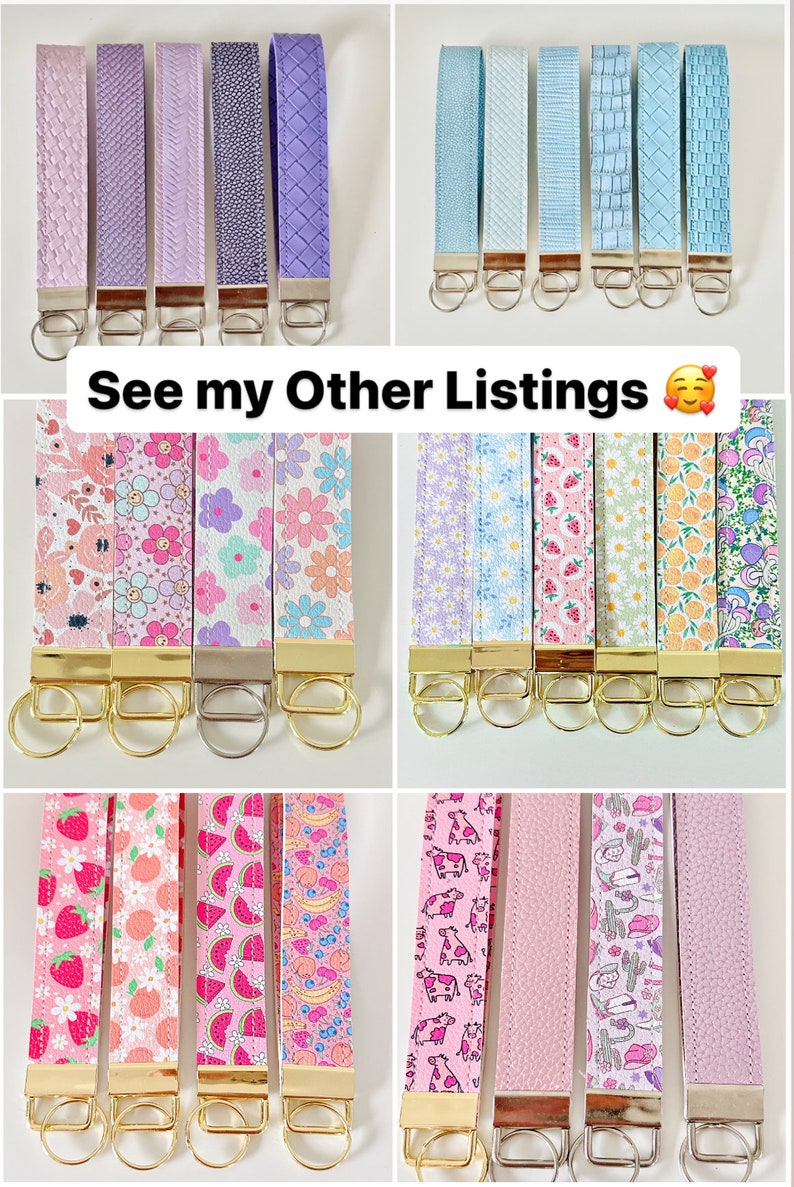 May include: A collection of colorful keychains with different patterns and designs. The keychains are made of fabric and have gold or silver key rings. The keychains feature various patterns, including floral, geometric, and animal prints. See my other listings.