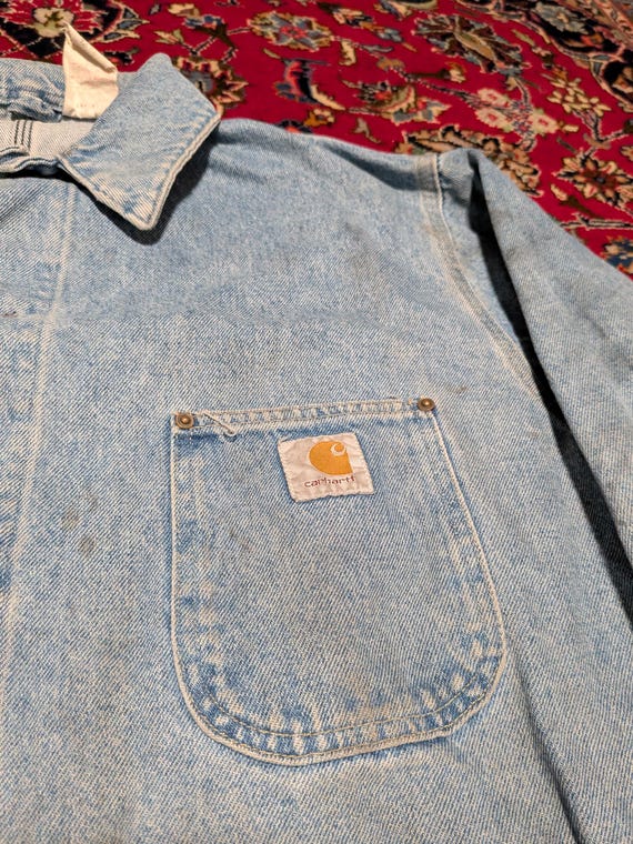 Vintage 80s Carhartt Unlined Denim Chore Coat Sz … - image 2