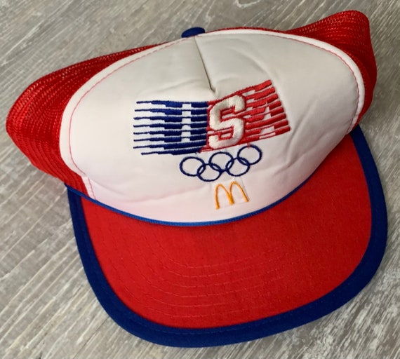 Vintage 80s USA Olympics Red & White Snapback Hat… - image 1