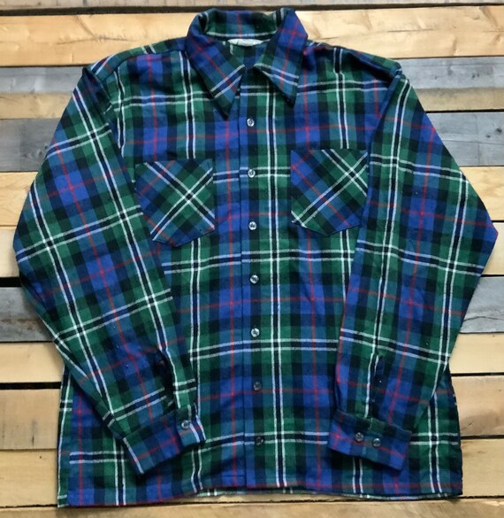 Vintage 60s Dutchmaid Plaid Wool Blend Button up Loop Collar Shirt 