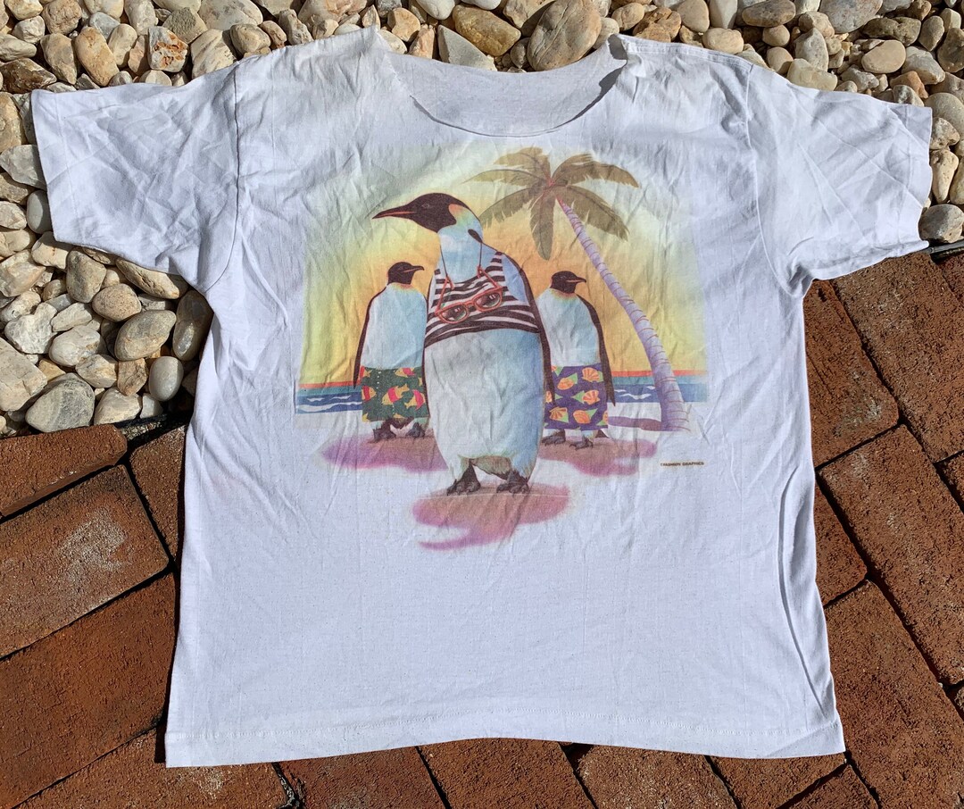 80s Surf Penguin Funny Cartoon Beach Sunset t-shirt Large - The