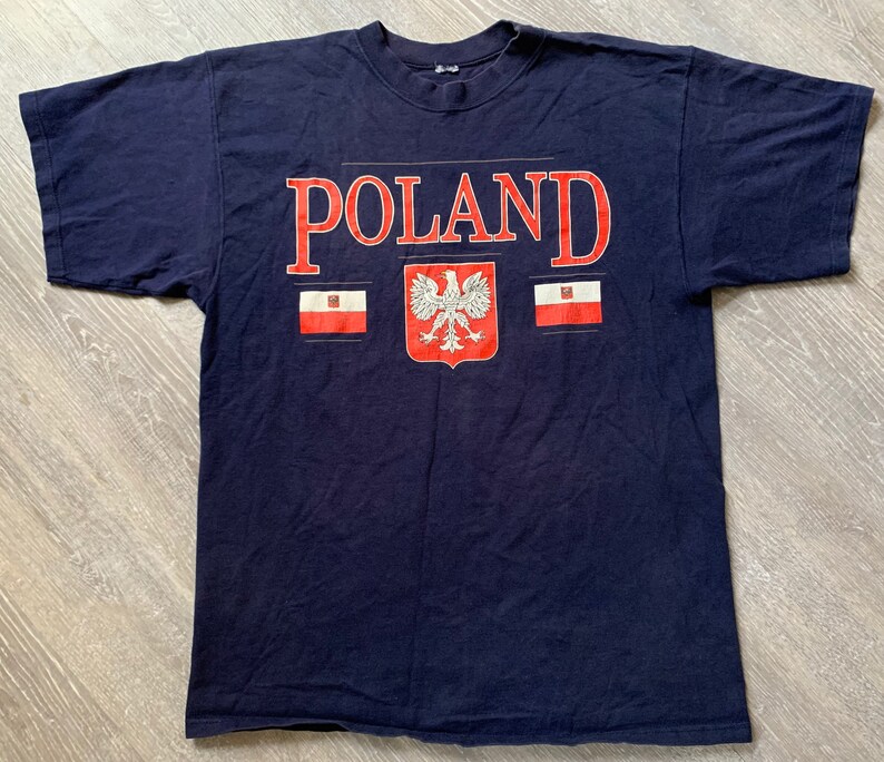 Vintage 90s Poland Crest Flag Navy T Shirt Sz XL Worn image 1