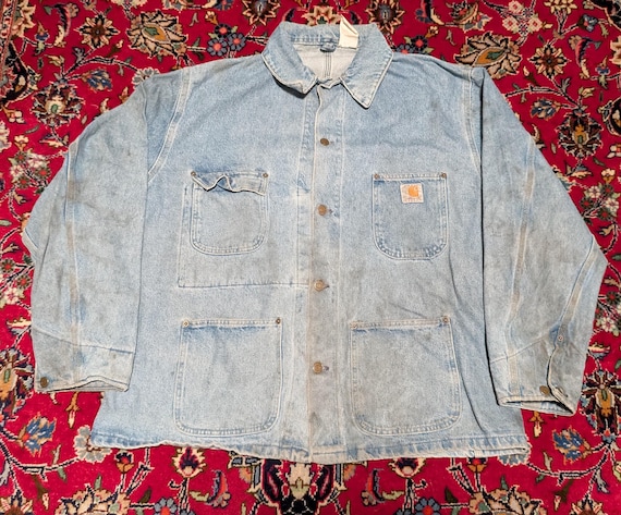 Vintage 80s Carhartt Unlined Denim Chore Coat Sz … - image 1