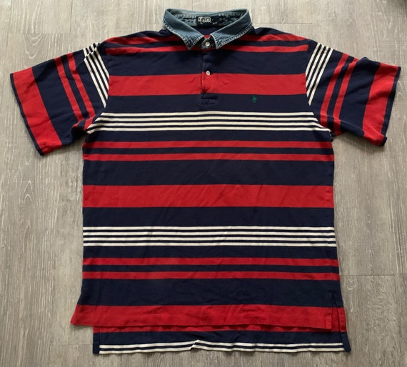 Vintage 90s Polo Ralph Lauren Denim Collar Striped Polo Shirt Sz