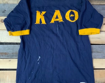 Vintage 70s Kappa Alpha Omega Worn Paint Blue & Yellow T Shirt Size Medium Made In USA