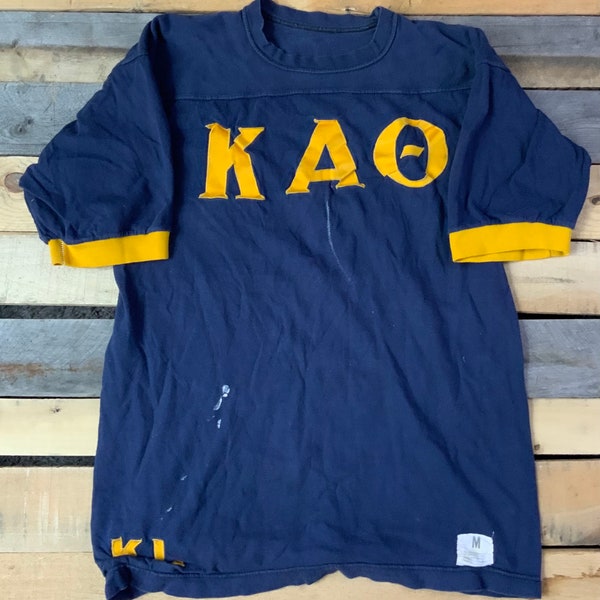 vintage 70s Kappa Alpha Omega Worn Paint Blue & Yellow T Shirt Taille Medium Made In USA