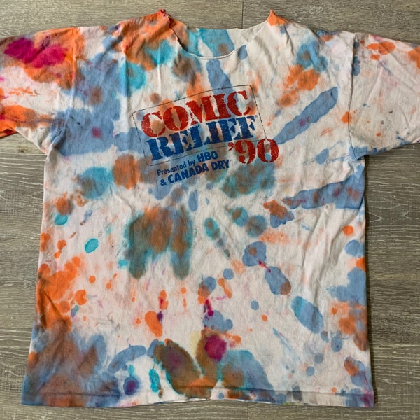 Vintage 90s Comic Relief 1990 Presented By HBO & Canada Dry Tie Dye Cropped Collar Tee Shirt Sz XL