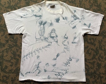 Vintage 90s MLB Baseball White All Over Print T Shirt Size XL Made in USA Lee Sport