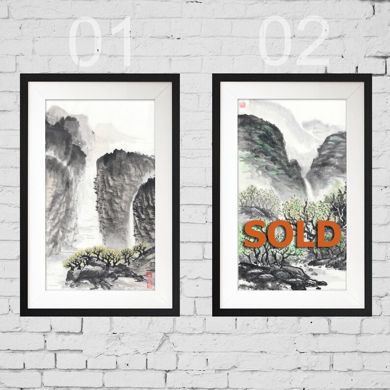 set of 2 pictures Chinese landscape Free brush Ink Xuan paper