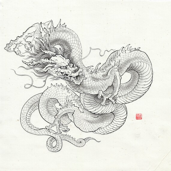 Art print Asian Dragon original ink painting poster Deep Etsy