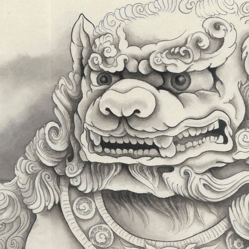 Fu Dogs Stone Lions Art Print Limited edition chinese ink Etsy